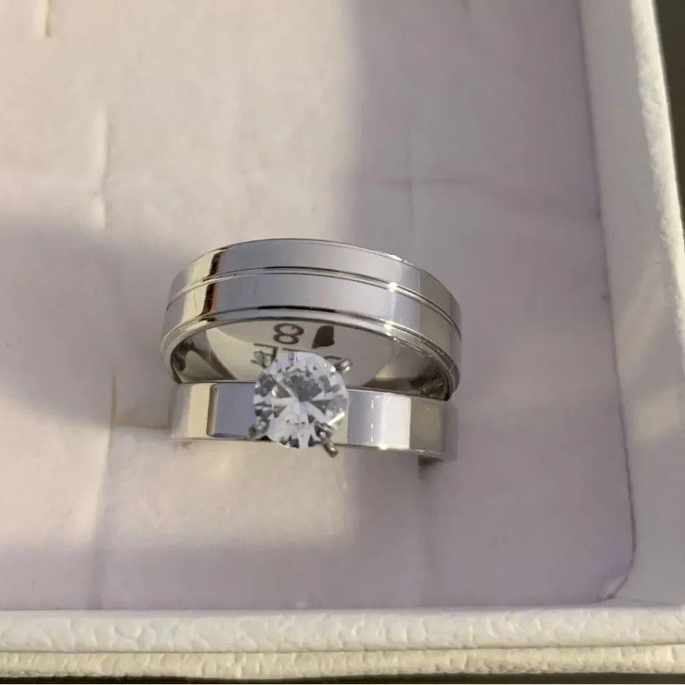 Stainless steel Size 8 solitaire diamond ring silver set